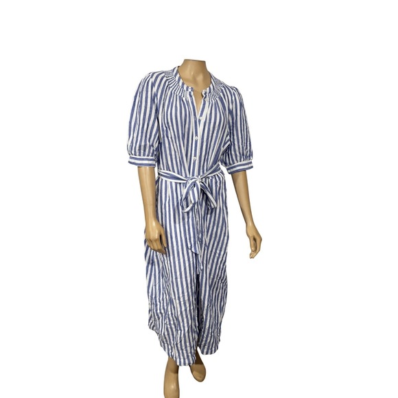 Boden Blue White Stripe Button Front Midi Dress Belted Puff Sleeve Resort - Picture 4 of 10